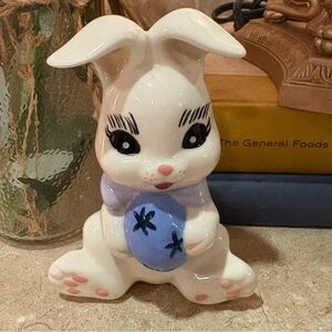 Vintage Ceramic Rabbit Holding An Easter Egg